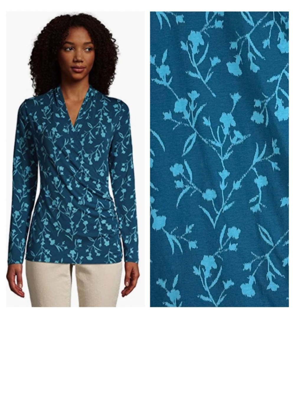 Lands End Faux Wrap Shirt Top Sz 1X 16W 18W Teal Blue Floral Romantic Stretch